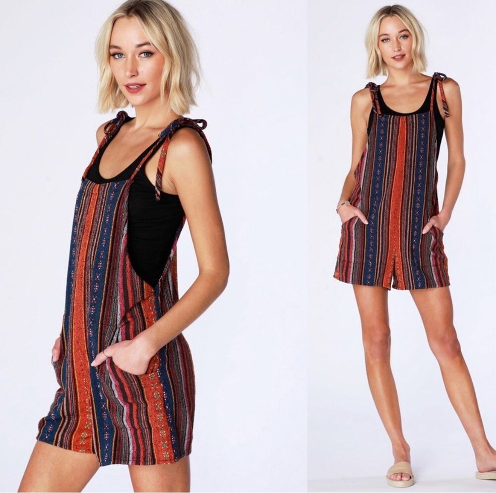 Bobi Romper Womens L Baja Stripe Tie Shoulder Boho Pockets Multicolor